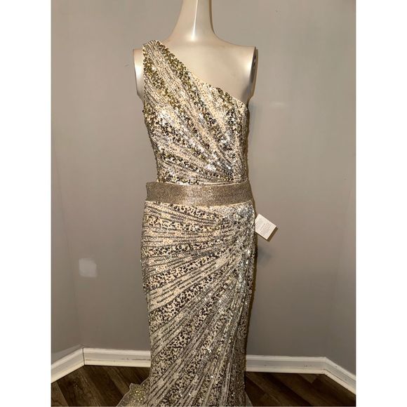 MAC DUGGAL SEQUINED ONE SHOULDER DRAPED LACE UP GOWN - Picture 5 of 9